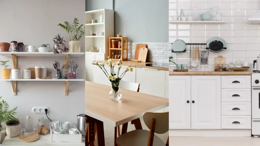 organização de cozinha pequena e simples - prateleiras