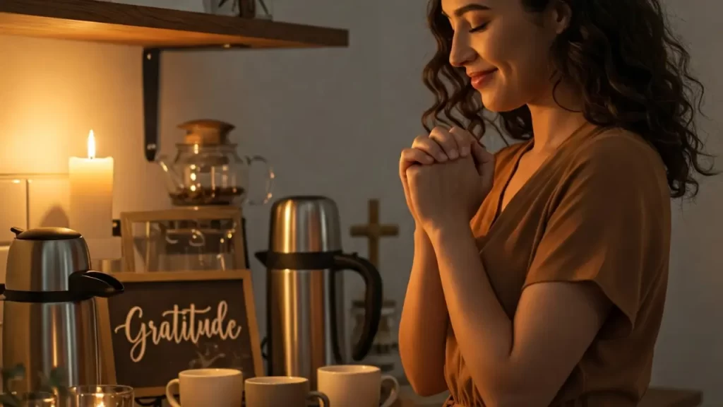 mulher com mãos unidas em frente ao cantinho do café simples e barato