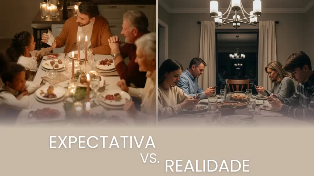 Expectativa x realidade de um jantar em família simbolizando a necessidade de minimalismo digital