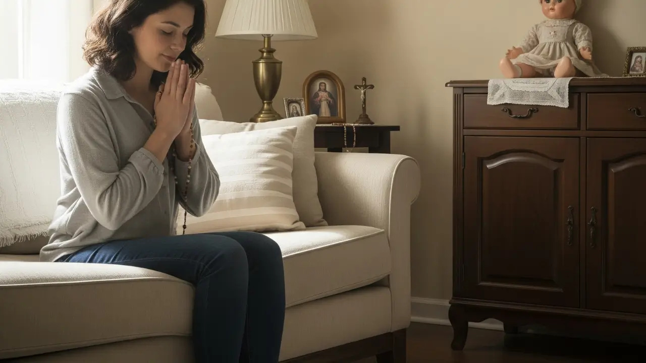 mulher em oração reforçando a ideia de proteção espiritual no lar