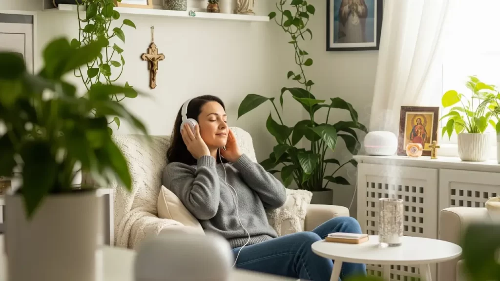 Mulher ouvindo música em ambiente calmo e aconchegante, lembrando que mais importante do que histórias como a da Annabelle é cultivar fé no lar 