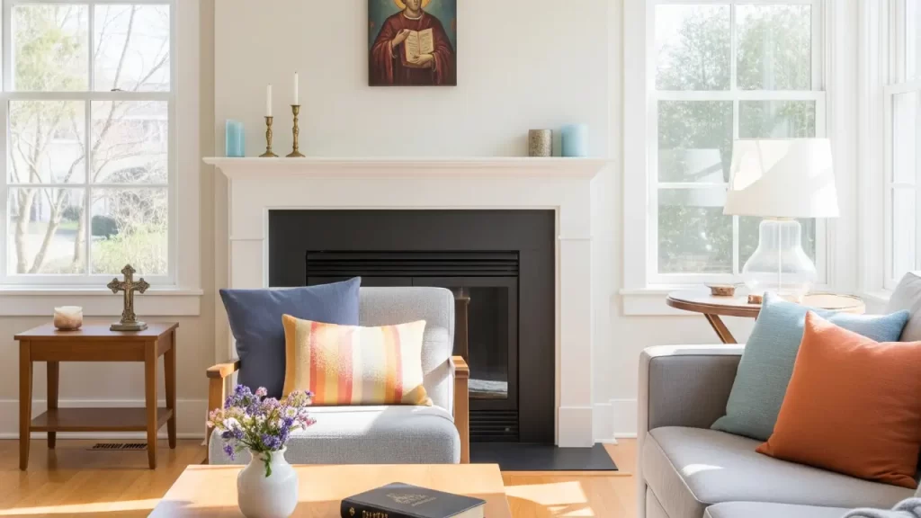 Cruz e bíblia decorativas em ambiente iluminado, expressão de fé e confiança que transcende medos associados à Annabelle boneca 