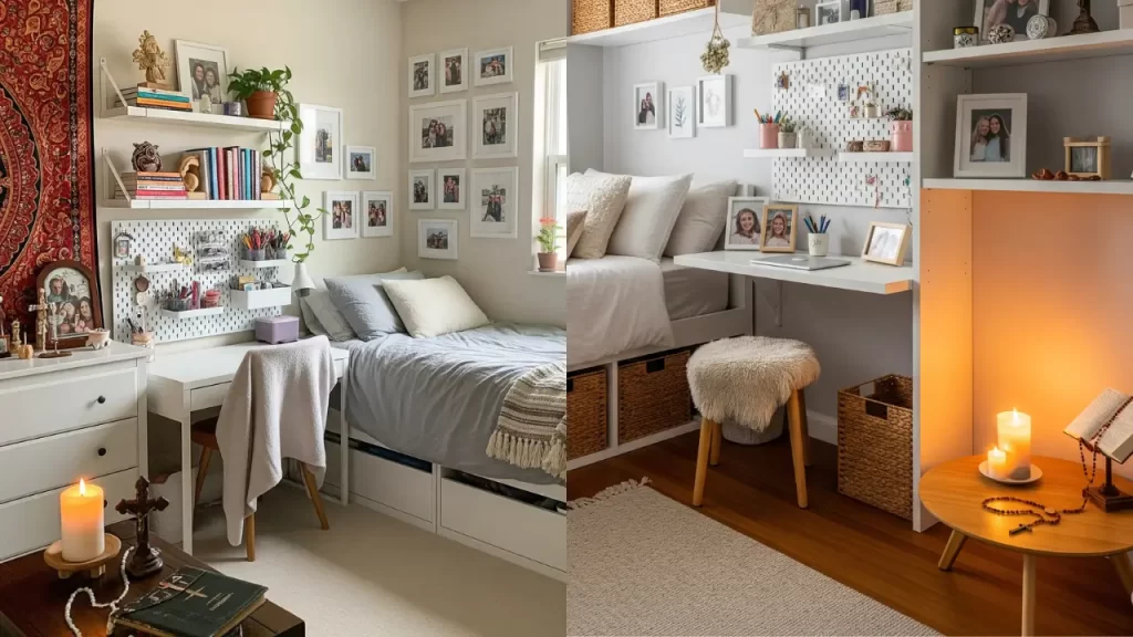 Quarto feminino decorado com fotos, lembranças afetivas e oratório no quarto integrado de forma harmoniosa 