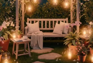 Jardim noturno simples e aconchegante iluminado por luzes suaves, criando um ambiente sereno, demonstrando como a iluminação de jardim à noite pode ser acolhedora.