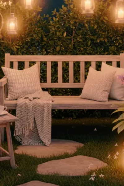 Jardim noturno simples e aconchegante iluminado por luzes suaves, criando um ambiente sereno, demonstrando como a iluminação de jardim à noite pode ser acolhedora.