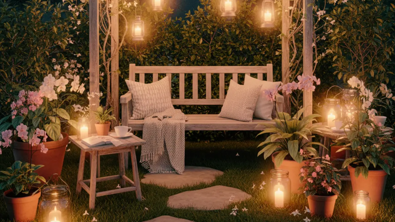Jardim noturno simples e aconchegante iluminado por luzes suaves, criando um ambiente sereno, demonstrando como a iluminação de jardim à noite pode ser acolhedora.
