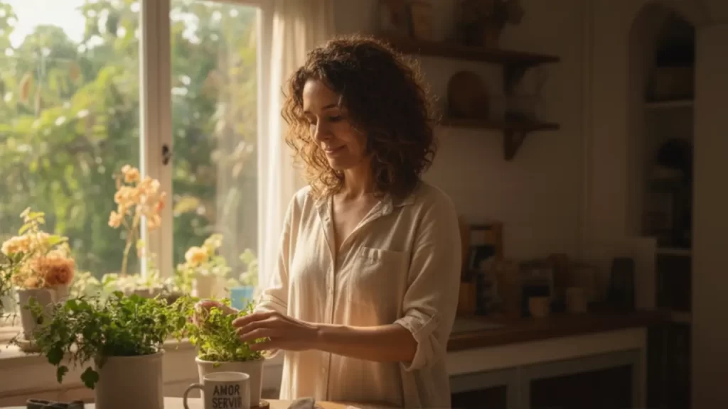 mulher olhando e com as mãos nas plantas, demonstrando uma rotina leve