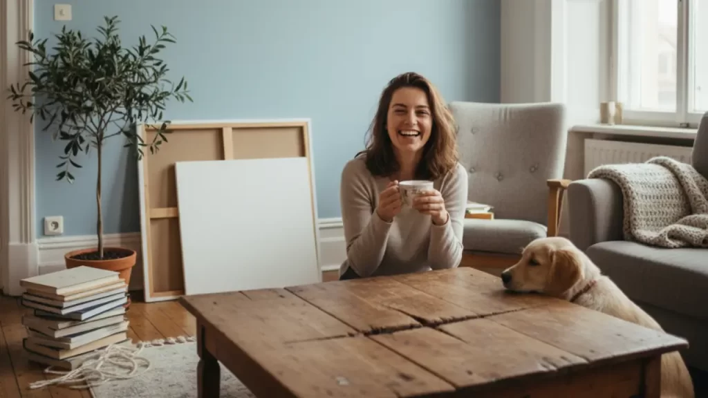 mulher sorrindo em uma sala decorada com mesa arranhada, demonstrando a beleza da imperfeição