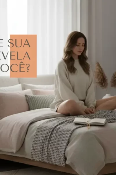 Mulher meditando em seu quarto decorado com leveza e significado, representando o autoconhecimento feminino através da decoração.