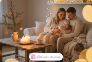 Família reunida em uma sala com decoração de natal simples