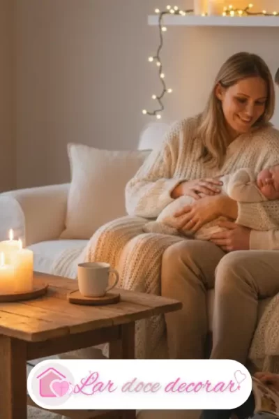 Família reunida em uma sala com decoração de natal simples