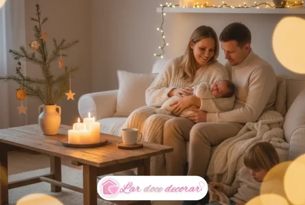 Família reunida em uma sala com decoração de natal simples