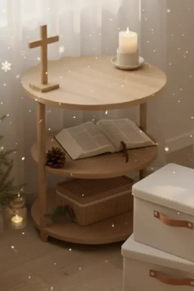 Uma sala organizada e iluminada com luz natural suave. Um cantinho com decoração natalina minimalista, demonstrando a organização de fim de ano