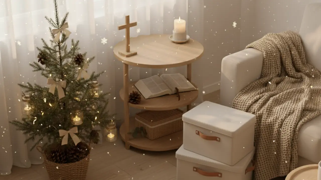 Uma sala organizada e iluminada com luz natural suave. Um cantinho com decoração natalina minimalista, demonstrando a organização de fim de ano