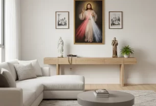 ambiente decorado com imagens de santos católicos