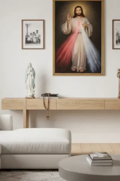 ambiente decorado com imagens de santos católicos