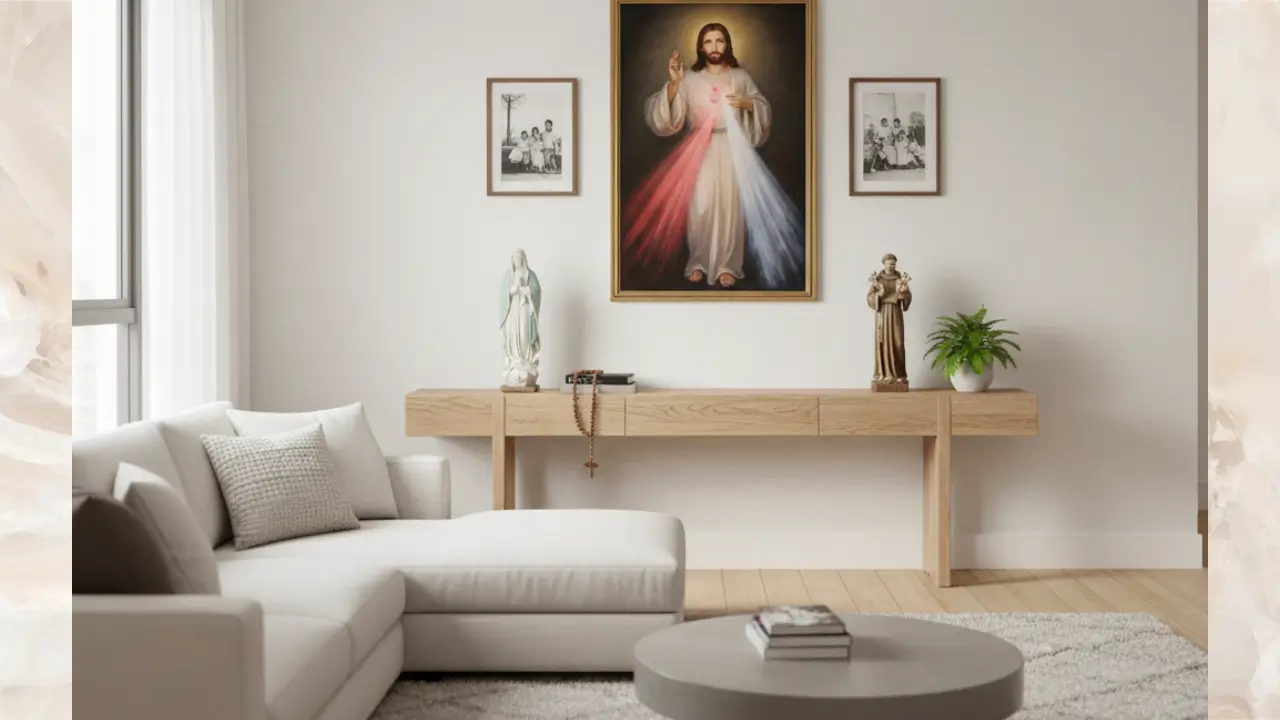 ambiente decorado com imagens de santos católicos