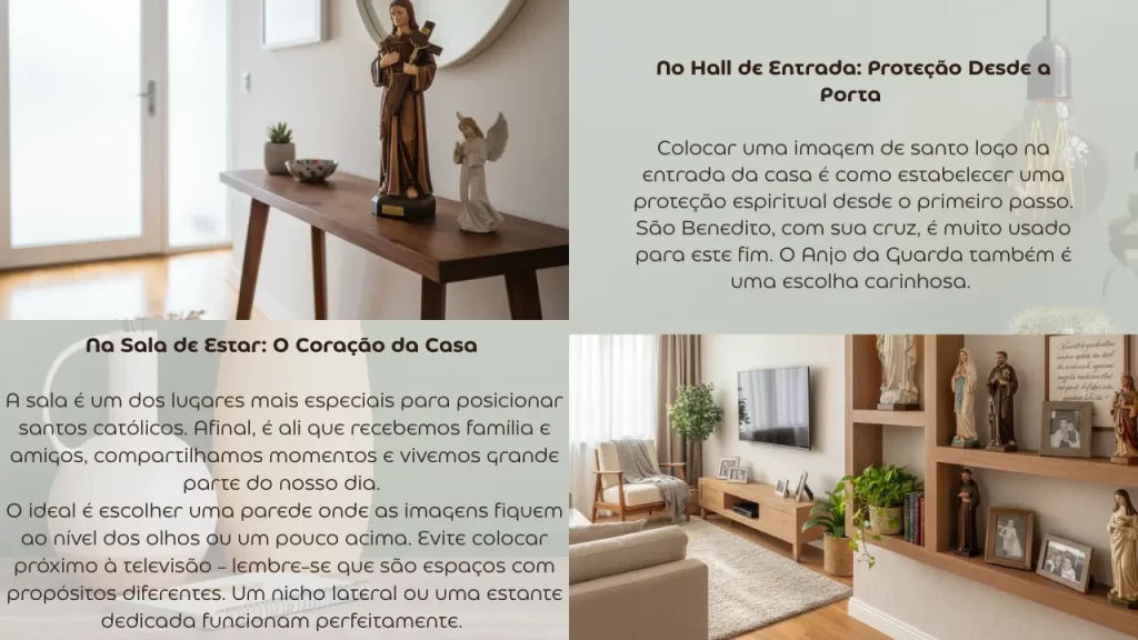exemplo de decoração com imagens de santos católicos no hall de entrada e sala
