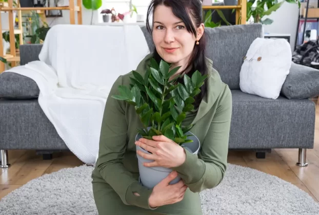 mulher com uma planta nas mãos demonstrando o poder das plantas na rotina da casa