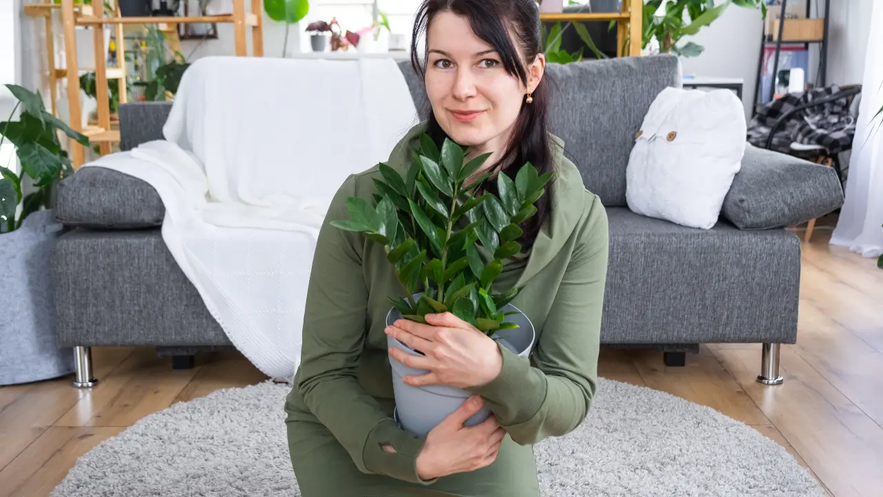 mulher com uma planta nas mãos demonstrando o poder das plantas na rotina da casa