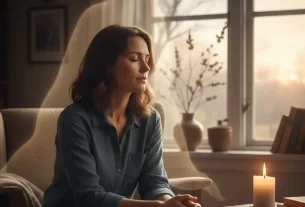 Uma mulher sentada e ao lado dela, uma luz ligeiramente mais intensa e acolhedora, sugerindo uma presença invisível, sem forma humana, transmitindo começar o ano acompanhada