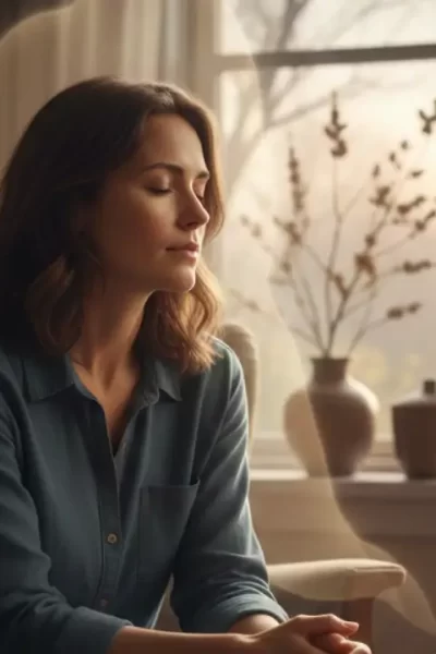 Uma mulher sentada e ao lado dela, uma luz ligeiramente mais intensa e acolhedora, sugerindo uma presença invisível, sem forma humana, transmitindo começar o ano acompanhada