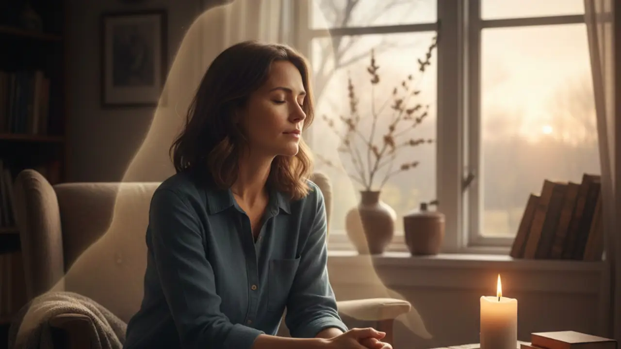 Uma mulher sentada e ao lado dela, uma luz ligeiramente mais intensa e acolhedora, sugerindo uma presença invisível, sem forma humana, transmitindo começar o ano acompanhada