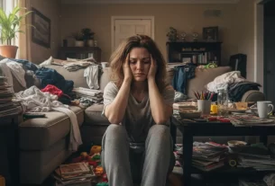 mulher com as mãos no rosto em um ambiente sobrecarregado, demonstrando porque a bagunça cansa