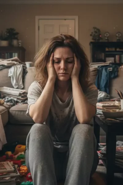 mulher com as mãos no rosto em um ambiente sobrecarregado, demonstrando porque a bagunça cansa