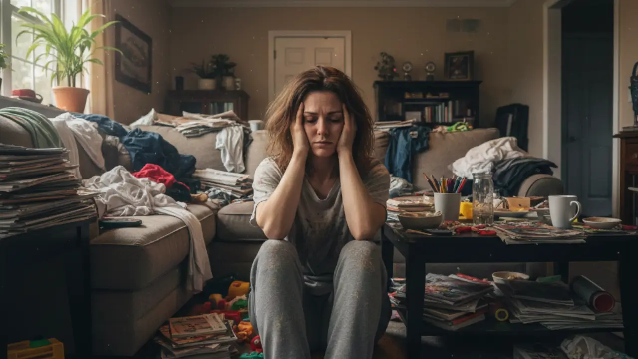 mulher com as mãos no rosto em um ambiente sobrecarregado, demonstrando porque a bagunça cansa