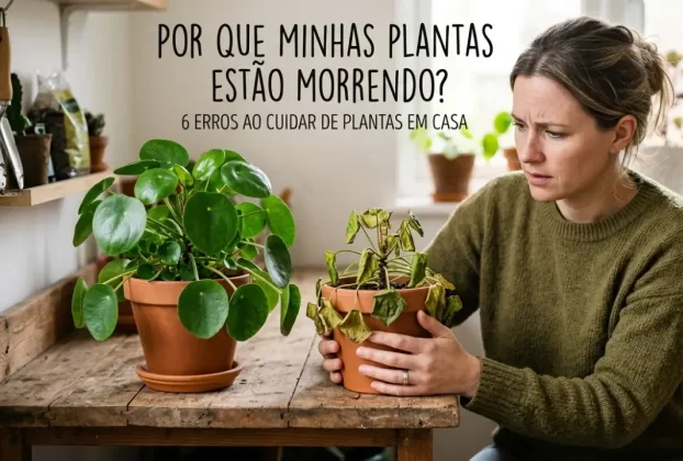 mulher segurando um vaso de planta com expressão de dúvida se perguntando por que minhas plantas estão morrendo