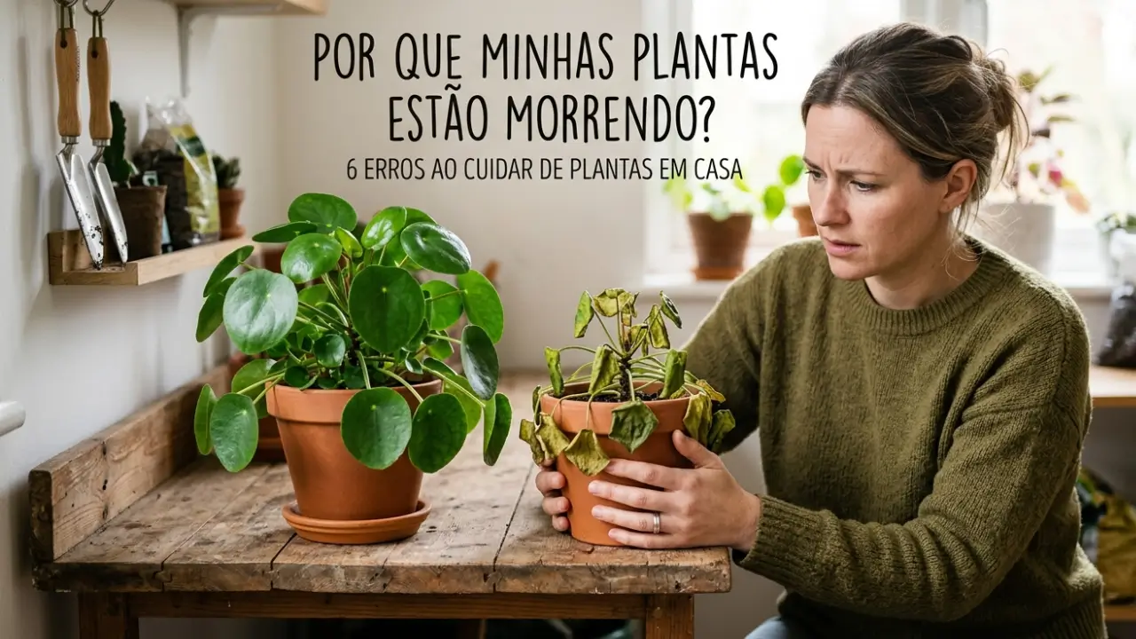 mulher segurando um vaso de planta com expressão de dúvida se perguntando por que minhas plantas estão morrendo